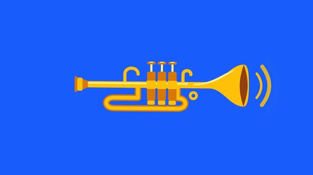 Trumpet Minimalist Illustration with Curved Shape and Sound Waves Flowing Outward, Symbol of Music, Jazz, Celebration, Performance and Brass Instrument, Flat Graphic on Solid Blue Background
