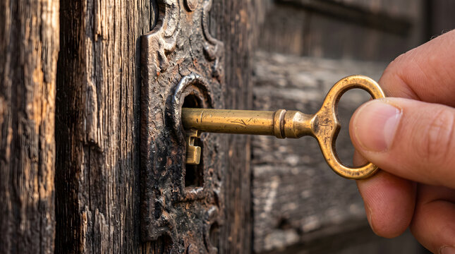 Hand inserting brass key into antique door lock. Vintage security unlocking with golden skeleton key.