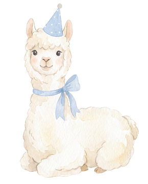 Cute Illustration of Little Alpaca with Blue Birthday Hat & Ribbon