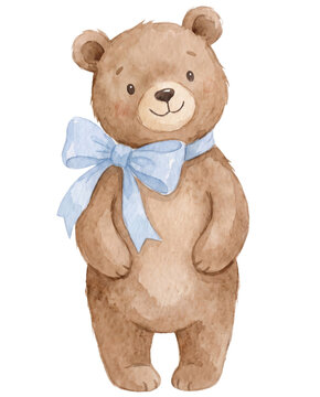 Cute Illustration of Little Bear with Blue Birthday Ribbon