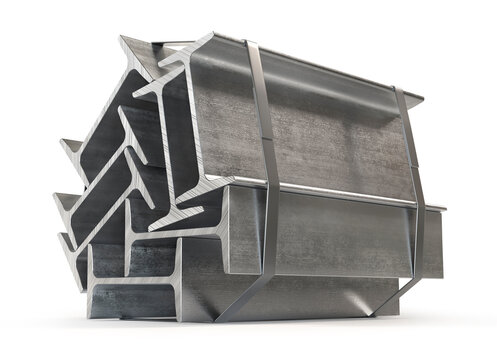 Bundle of Structural Steel I-Beams Isolated on White Background, 3D Render