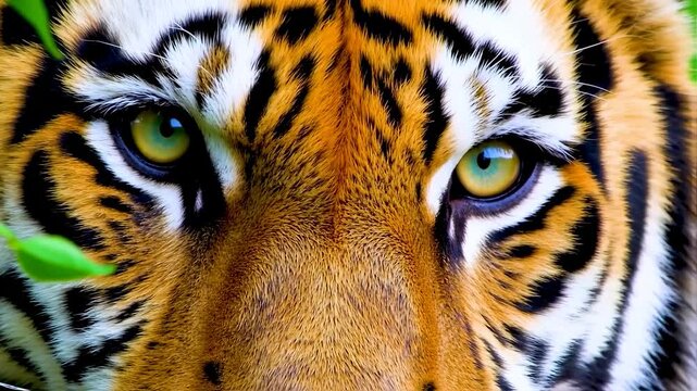 Close-up of a tiger's face. The cat's striking eyes and fur patterns are the focus
