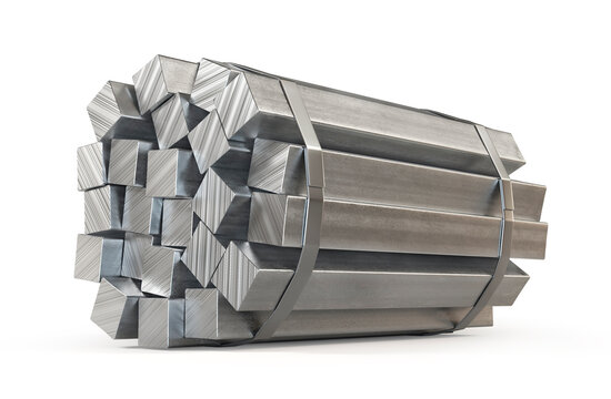 Square Steel Billets Bundle Isolated on White, Industrial Metal Stock, 3D Render