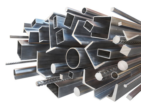 Steel Profiles Collection with Pipes, Beams, Channels and Bars Isolated on White Background, 3D Render