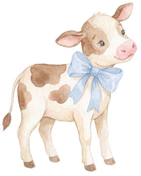 Cute Illustration of Little Cow with Blue Birthday Ribbon