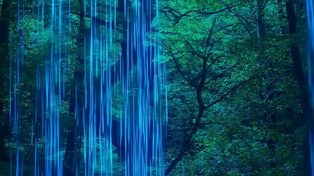 Abstract forest scene with glowing blue streams overlaying foliage, evokes ethereal dreamscape