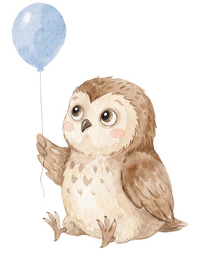 Cute Illustration of Little Owl with Blue Balloon