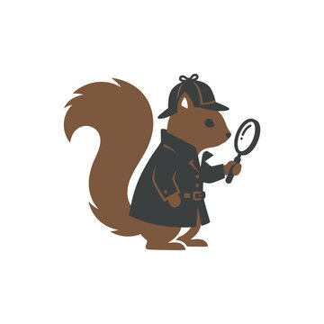 A cute cartoon squirrel dressed as a detective holding a magnifying glass