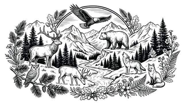 Vintage wilderness wildlife illustration, hand drawn mountain landscape with forest animals, black and white engraved nature scene for outdoor branding