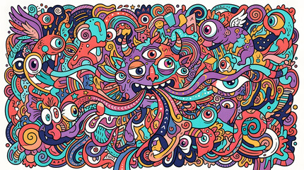 Fototapeta premium Playful abstract doodle illustration filled with colorful cartoon creatures, expressive faces, and whimsical decorative details.