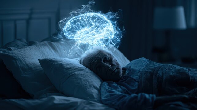 Senior Woman Sleeping with Glowing Brain Illustration Representing Memory Brain Health and Sleep Science