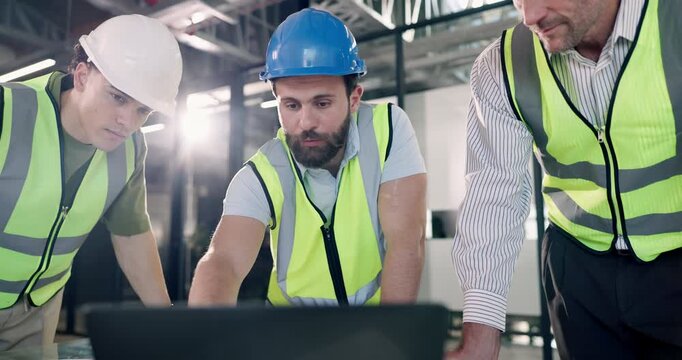 Architect, men and construction team with laptop, maintenance planning or renovation idea. Computer, engineer and discussion with review for building codes, flare or quality assurance in office