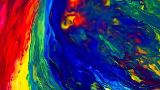 Abstract image of swirling, blended colors blue, yellow, green, and red, creating a marbled effect