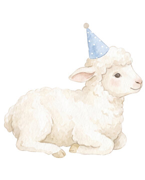 Cute Illustration of Baby Goat with Blue Birthday Hat
