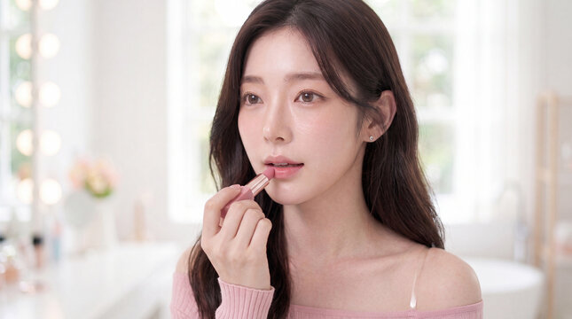 Asian woman applying lipstick during a daily makeup routine in a bright home setting, highlighting beauty, cosmetics, and self-care.