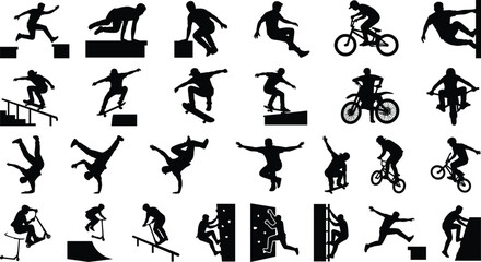 Obraz premium Collection of Extreme Sports Silhouettes Featuring Skateboarding, BMX, Rock Climbing, and Parkour Stunts