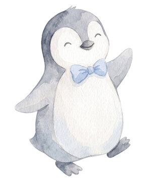 Cute Illustration of Baby Penguin with Blue Birthday Hat