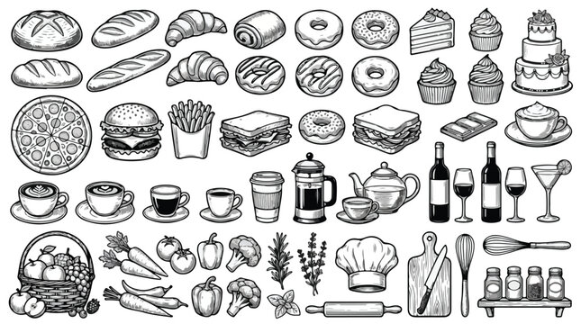 Vintage hand drawn food and drink icons, retro bakery and restaurant menu illustrations, collection of 50 black and white culinary vector elements