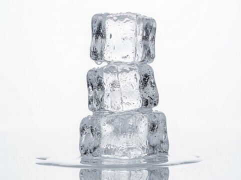Three clear ice cubes stacked on top of each other melting with water droplets isolated on white background