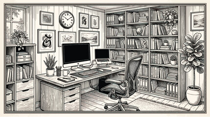 Vintage hand drawn home office illustration, cozy workspace with desk and computer, classic library study with bookshelves and office chair © Ch