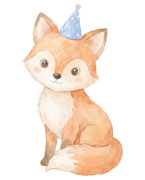 Cute Illustration of Baby Fox with Blue Birthday Hat & Balloon