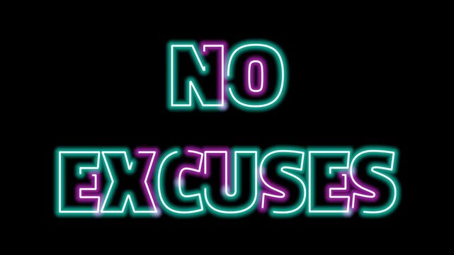No excuses neon text slogan in glowing purple and cyan outlines on dark black background for fitness and workout