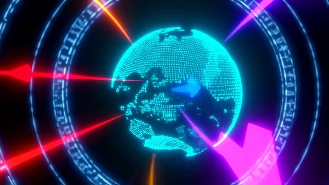 A glowing digital globe with colored arrows piercing it and surrounded by neon rings, on black