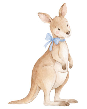 Cute Illustration of Baby Kangaroo with Blue Birthday Ribbon