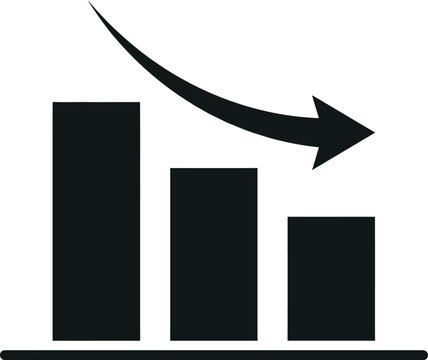 Decreasing bar chart graph with downward trend arrow  business statistics and finance icon