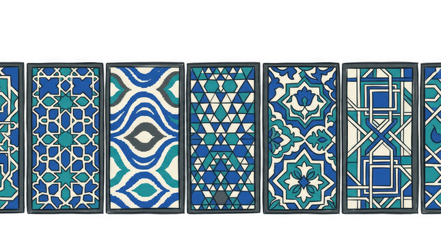 Central Asia Tile Border Study. A row of tile borders drawn in marker, each with unique Central Asian geometric patterns, set on a white canvas
