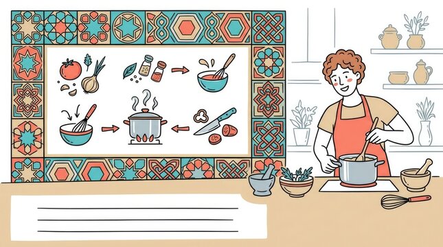 Geometric Tile Recipe Board. A recipe board with geometric Central Asian tile borders, marker doodles and cooking props nearby