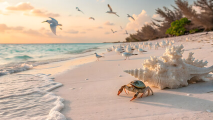 Obraz premium Tropical beach at sunrise with a crab and seashell. Scenic ocean shore with flying seagulls.