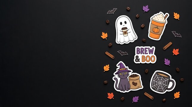 Halloween stickers on transparent background with brew and boo theme dark mood