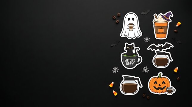 Halloween stickers on transparent background with coffee and spooky icons