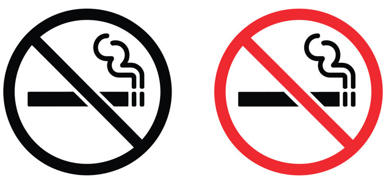 No Smoking Sign Icon Set Featuring Cigarette and Prohibition Symbols for Safety and Restricted Areas vector design