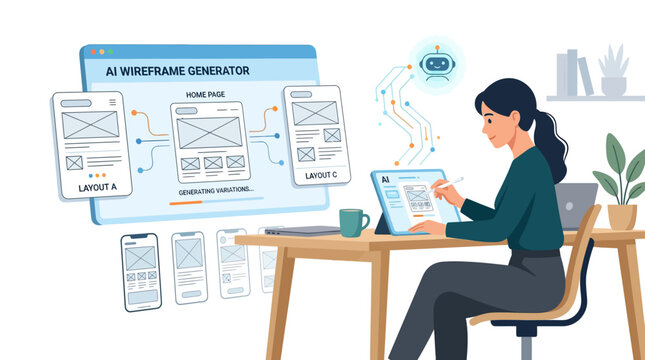 Woman using AI wireframe generator tool for mobile app design on tablet and desktop, concept of ux ui development and prototyping