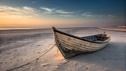 Obraz premium Old wooden boat on a sandy beach at sunset. Rustic fishing vessel moored on the shore.