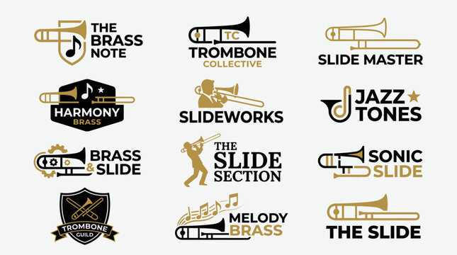 Collection of Trombone Logos and Emblems for Music Bands and Brass Instruments