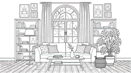 Modern living room interior coloring page vector, cozy home lounge line art with sofa and bookshelves, scandinavian style room outline illustration © Ch