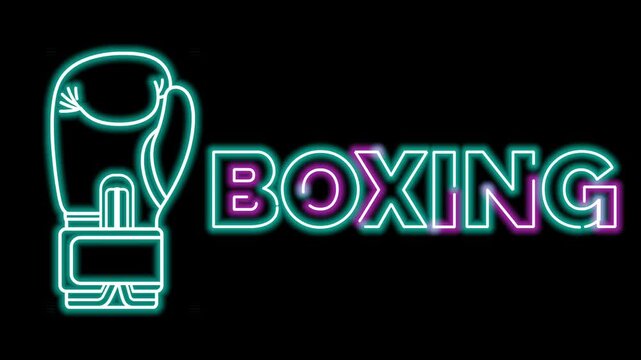 Electric neon boxing text animation and glove neon sign in glowing cyan and purple colors over a dark black background.