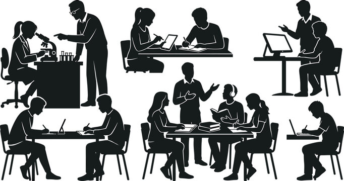 High school students and teachers silhouette set vector illustration featuring classroom learning science lab research and computer study isolated on white background.