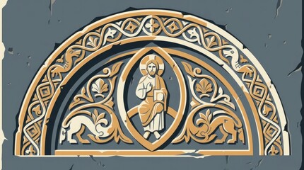 Obraz premium Extreme Detail Stone Carving. Extreme close-up of a Balkan church stone relief showing a finely carved mandorla and arch frieze, edges chipped by time