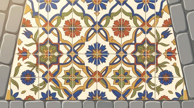Close Up Balkans Tile Floral Pattern. Close-up of traditional Balkan ceramic tiles forming geometric floral patterns along a sunlit pedestrian street,