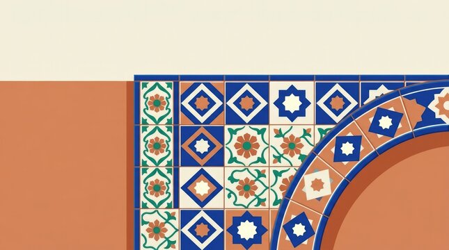 Detail Tile Frieze In Arch. Detail view of a Balkan tile frieze framing an archway on a church courtyard, showing geometric and floral patterns in cer