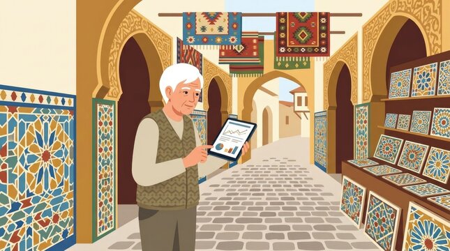 Senior Shopper Browses Balkan Tile Motifs. An elderly Balkan shopper stands under ornate archways in a sunlit alley, glancing at a Flow tablet while t
