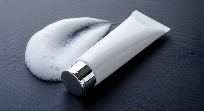 White cosmetic tube with silver cap and squeezed out cream on dark surface, ultra detailed cinematic scene, professional composition, dramatic lighting, soft shadows, depth of fiel