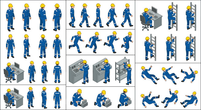 Isometric worker character set vector illustration featuring industrial factory engineers walking climbing ladders falling and sitting at desks isolated on white background.