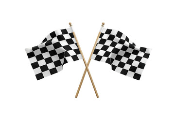 Obraz premium Crossed checkered racing flags on wooden poles symbolizing victory, competition, and reaching the finish line