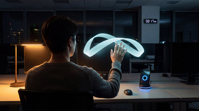 Office employee controlling holographic interface during late night shift