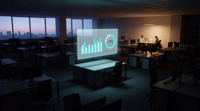 Two employees reviewing performance dashboard in evening office